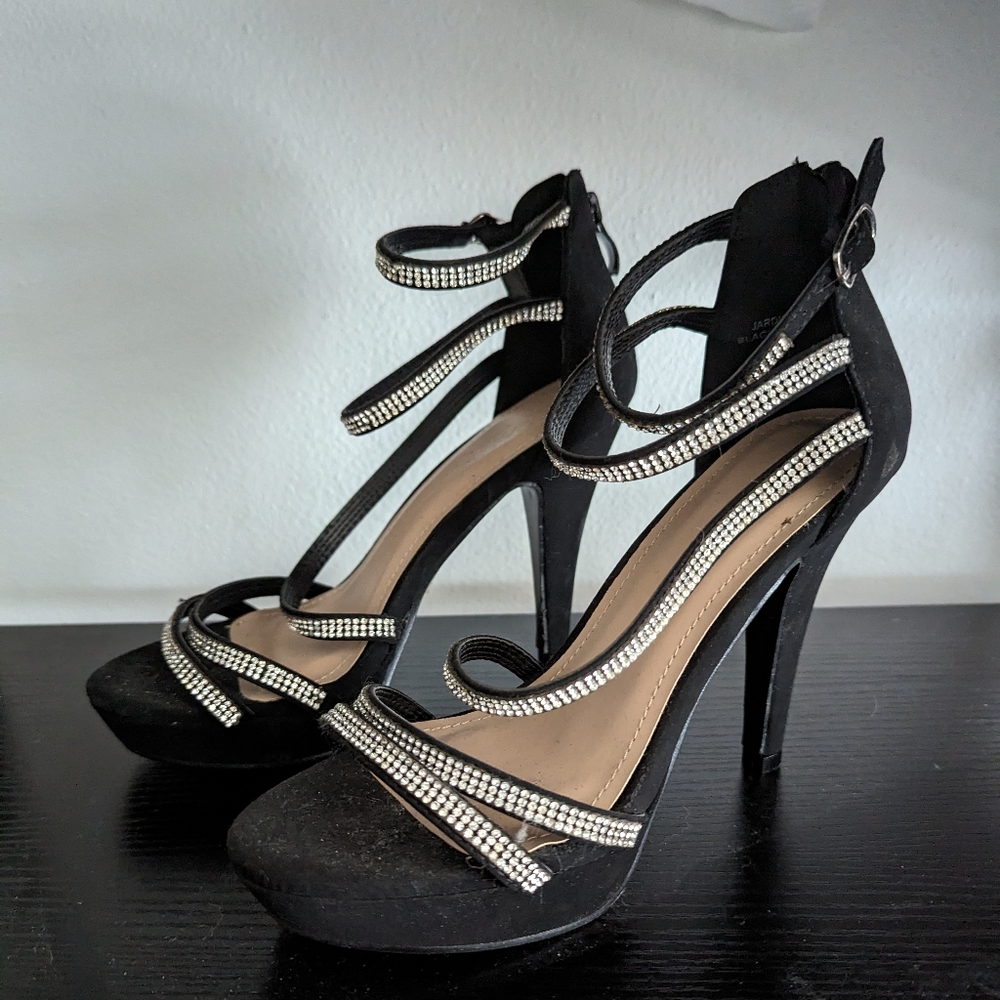 Black Rhinestone Strappy Heels
